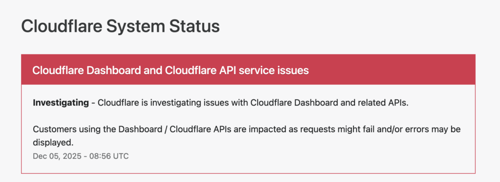 Message d'urgence publié par Cloudflare à 9h56 heure française // Source : Capture Numerama