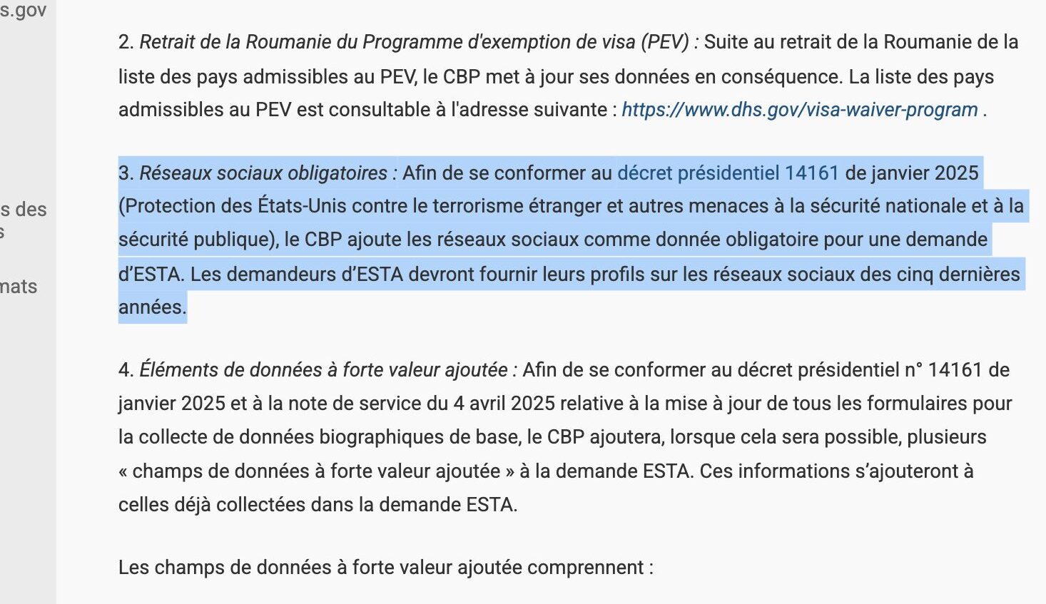 Les demandeurs d’ESTA devront fournir leurs profils sur les réseaux sociaux des cinq dernières années. // Source : Capture d'écran Les demandeurs d’ESTA devront fournir leurs profils sur les réseaux sociaux des cinq dernières années. // Source : Capture d'écran