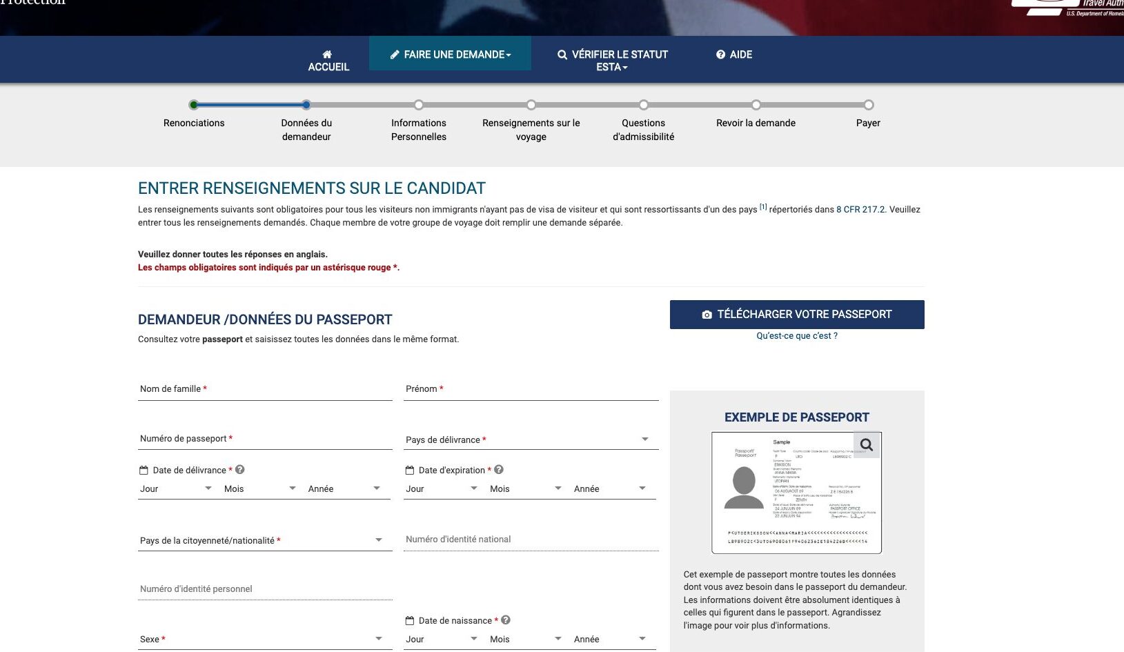 La page pour remplir une demande d'ESTA. // Source : U.S Customs and Border Protection La page pour remplir une demande d'ESTA. // Source : U.S Customs and Border Protection