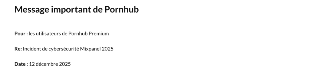 Dans un message publié le 12 novembre, Pornhub appelle ses utilisateurs à à surveiller leurs comptes afin de détecter tout courriel suspect ou toute activité inhabituelle. // Source : Pornhub