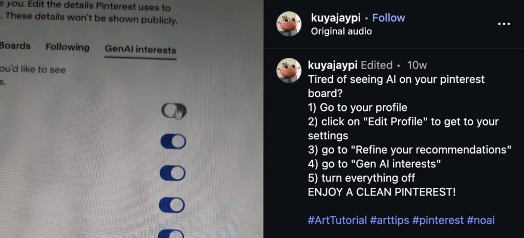 Sur les autres réseaux sociaux, les utilisateurs de Pinterest se partagent des astuces pour limiter le contenu IA sur leur fil d'actualités // Source : Instagram Sur les autres réseaux sociaux, les utilisateurs de Pinterest se partagent des astuces pour limiter le contenu IA sur leur fil d'actualités // Source : Instagram