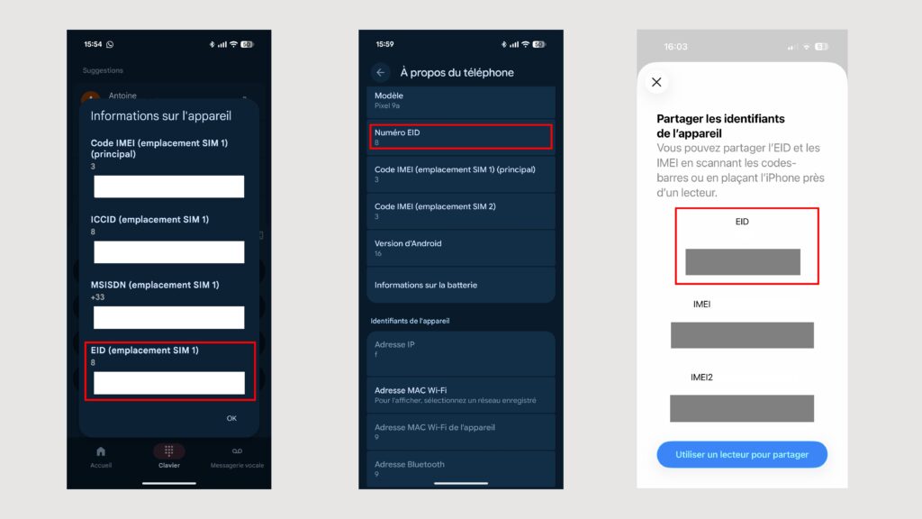 De gauche à droite : l'EID sous ANdroid depuis le clavier d'appel, depuis les réglages, et depuis les réglages sous iOS.