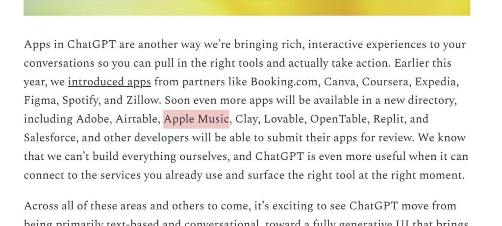 Dans sa newsletter, Fidhi Simo, le responsables des applications chez OpenAI, mentionne Apple Music. Dans sa newsletter, Fidhi Simo, le responsables des applications chez OpenAI, mentionne Apple Music.