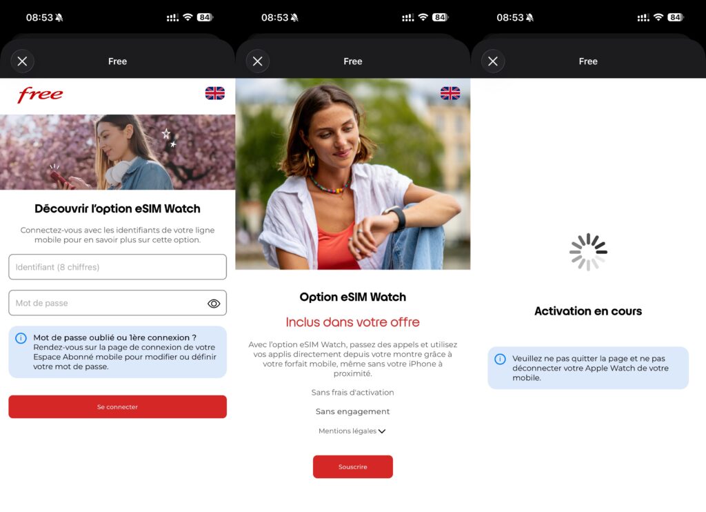 L'activation sur iPhone de l'option eSIM Watch de Free. L'activation sur iPhone de l'option eSIM Watch de Free.