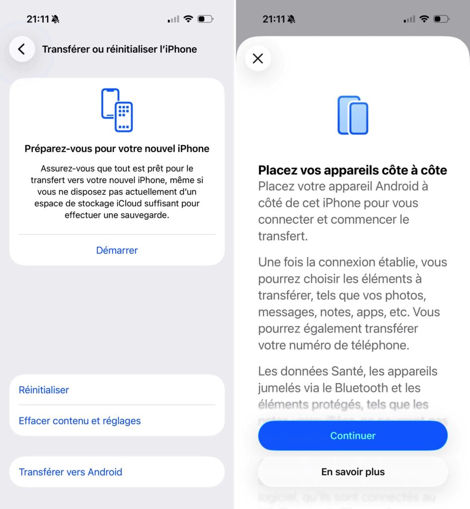 L'option Transférer vers Android.