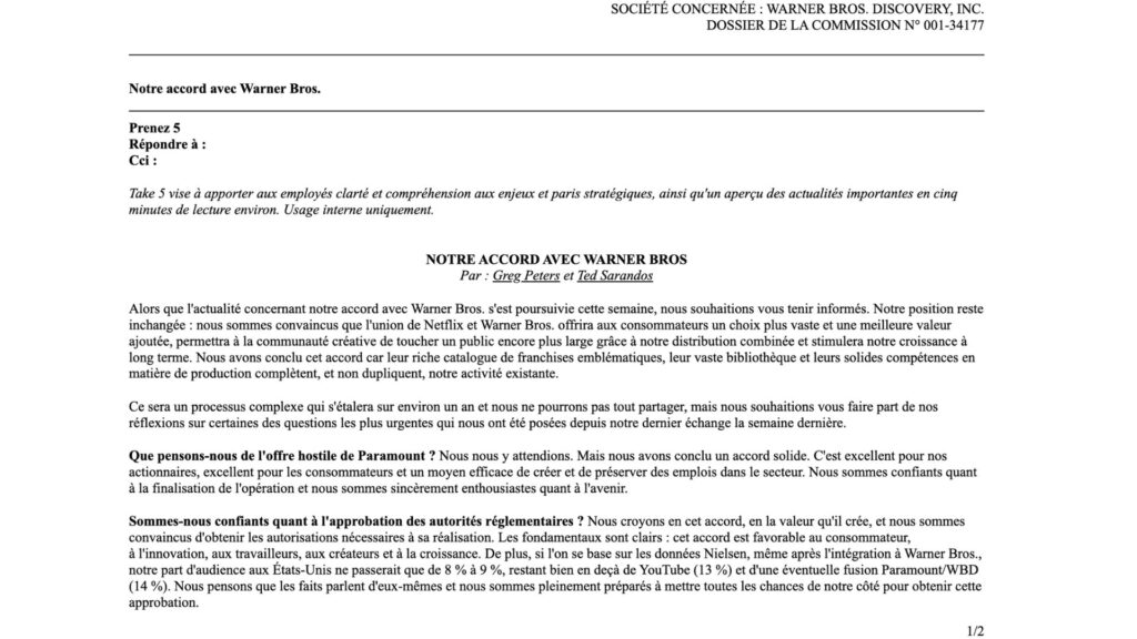 La lettre de Greg Peters et Ted Sarandos, adressée aux employés. // Source : Capture d'écran La lettre de Greg Peters et Ted Sarandos, adressée aux employés. // Source : Capture d'écran