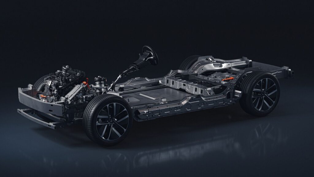 Le châssis d'une voiture électrique à prolongateur d'autonomie // Source : Li Auto Le châssis d'une voiture électrique à prolongateur d'autonomie // Source : Li Auto