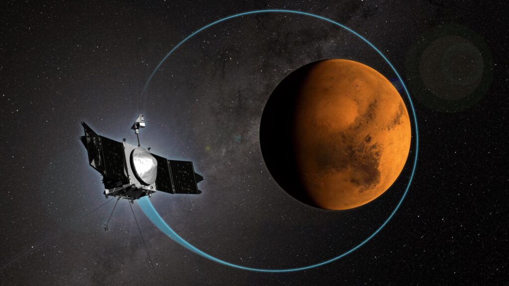 Illustration de MAVEN en orbite autour de Mars. // Source : Nasa Illustration de MAVEN en orbite autour de Mars. // Source : Nasa