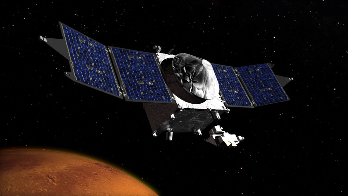 MAVEN, vue d'artiste. // Source : Nasa/GFSC (image recadrée) MAVEN, vue d'artiste. // Source : Nasa/GFSC (image recadrée)