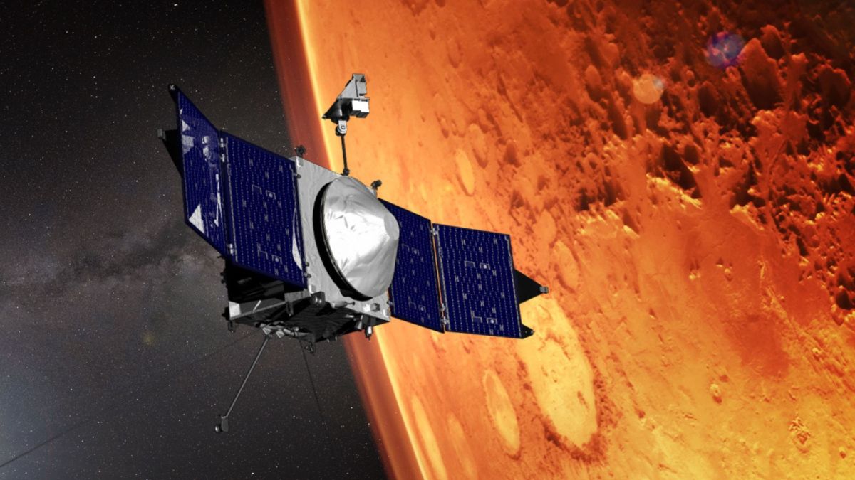 Vue d'artiste de MAVEN. // Source : Nasa/GFSC (image recadrée) Vue d'artiste de MAVEN. // Source : Nasa/GFSC (image recadrée)