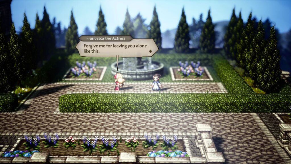 Il y a de nombreuses scènes de dialogue dans Octopath Traveler, heureusement, de grande qualité. // Source : Capture PS5 Il y a de nombreuses scènes de dialogue dans Octopath Traveler, heureusement, de grande qualité. // Source : Capture PS5