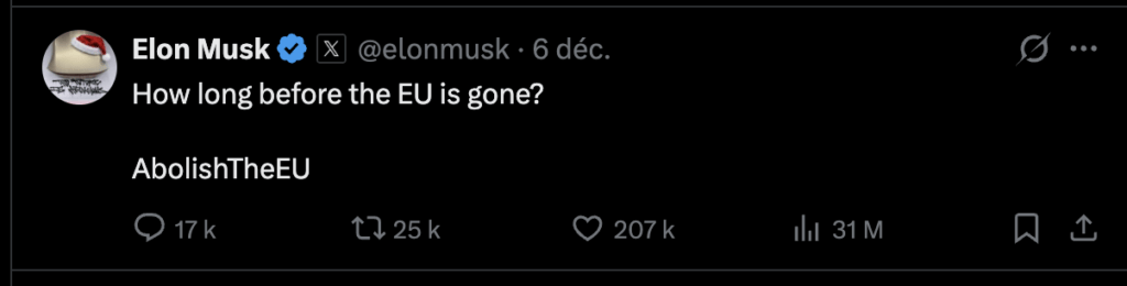 Combien de temps faudra-il pour faire disparaître l'UE, se demande Elon Musk ? Combien de temps faudra-il pour faire disparaître l'UE, se demande Elon Musk ?