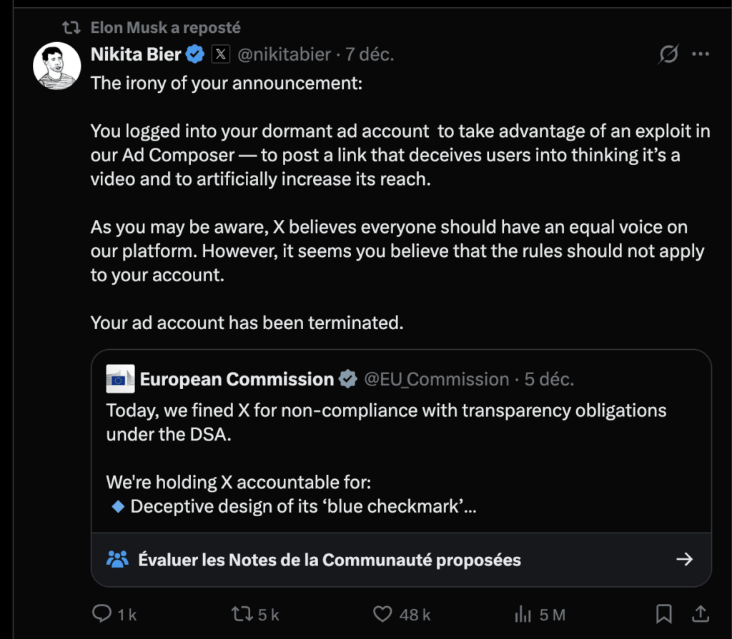 La Commission européenne ne peut plus utiliser d'outils publicitaires sur X. La Commission européenne ne peut plus utiliser d'outils publicitaires sur X.