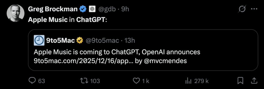 Greg Brockman confirme l'arrivée d'Apple Music dans les ChatGPT Apps. Greg Brockman confirme l'arrivée d'Apple Music dans les ChatGPT Apps.