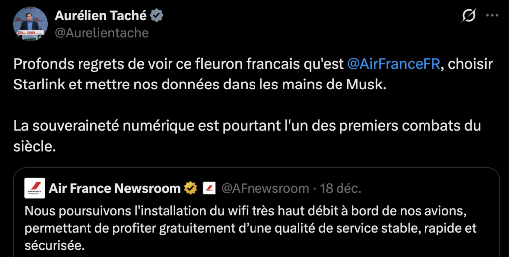 Un tweet d'un député sur Air France et Starlink, qui prone la souveraine numérique. Un tweet d'un député sur Air France et Starlink, qui prone la souveraine numérique.