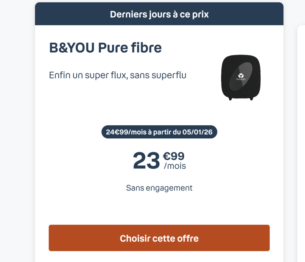 Le nouveau prix de l'offre B&You Pure Fibre. Le nouveau prix de l'offre B&You Pure Fibre.