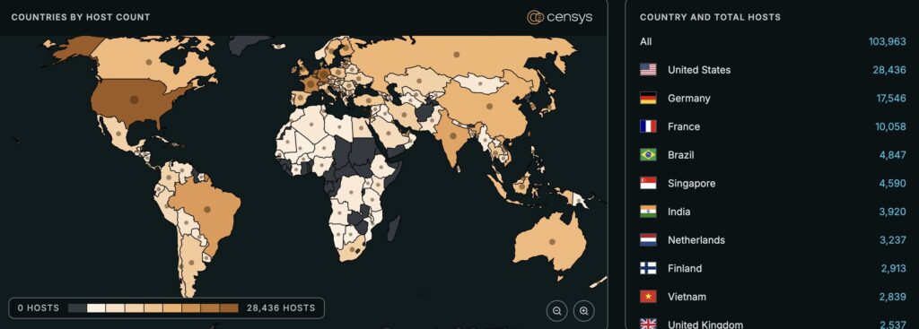 La France fait partie des pays les plus exposés à cette vulnérabilité // Source : Censys La France fait partie des pays les plus exposés à cette vulnérabilité // Source : Censys