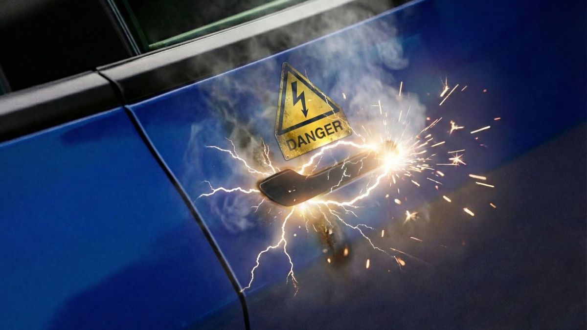 Les poignées de portes des Tesla peuvent être un danger en cas d'accident. // Source : Une par Robin San Vicente pour Numerama Les poignées de portes des Tesla peuvent être un danger en cas d'accident. // Source : Une par Robin San Vicente pour Numerama