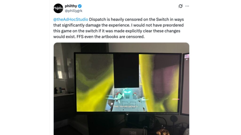 Un utilisateur se plaignant de la censure de Dispatch sur Switch. // Source : @phillygrk sur X