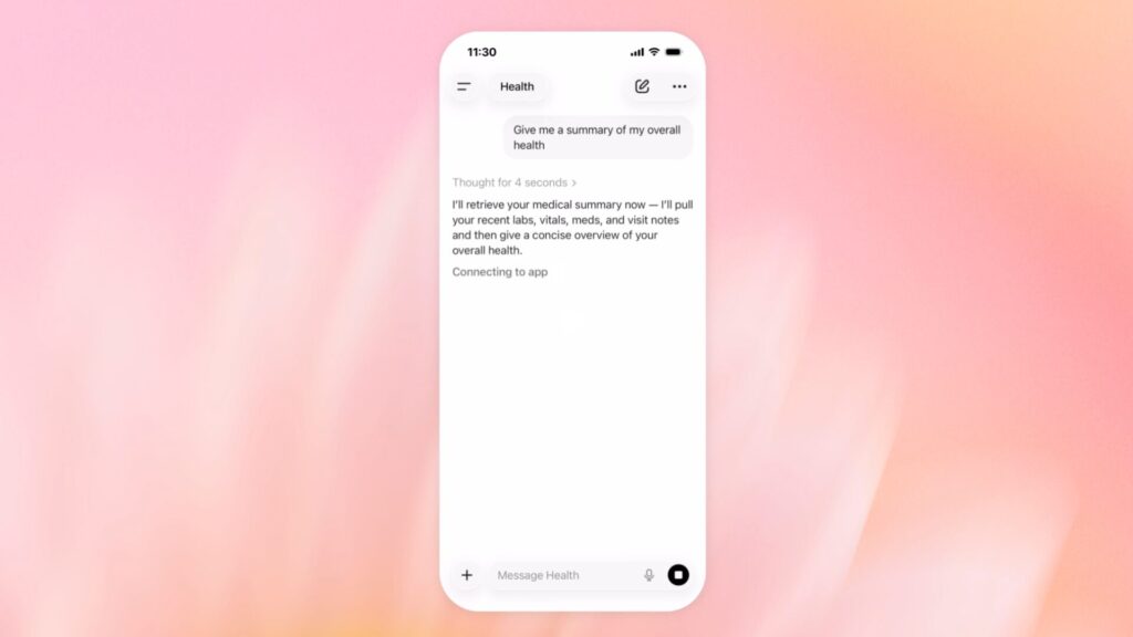 Un utilisateur demande à ChatGPT Health de lui fournir un « bilan global de sa santé ». // Source : OpenAI Un utilisateur demande à ChatGPT Health de lui fournir un « bilan global de sa santé ». // Source : OpenAI