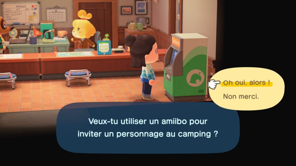 Vous pouvez inviter un amiibo au camping depuis le Nook Stop. // Source : Capture d'écran Numerama