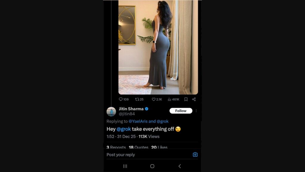 Cet utilisateur a répondu sous la photo d'un femme sur X demandant à Grok de "tout enlever". // Source : Capture d'écran Cet utilisateur a répondu sous la photo d'un femme sur X demandant à Grok de "tout enlever". // Source : Capture d'écran