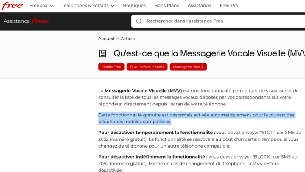 Cette page d'assistance indique que la MVV est désormais activée par défaut. // Source : Free Cette page d'assistance indique que la MVV est désormais activée par défaut. // Source : Free