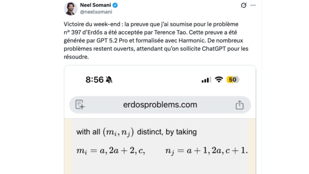 Neel Somani a notamment utilisé GPT-5.2 pour résoudre le problème de maths. // Source : Neel Somani / X Neel Somani a notamment utilisé GPT-5.2 pour résoudre le problème de maths. // Source : Neel Somani / X
