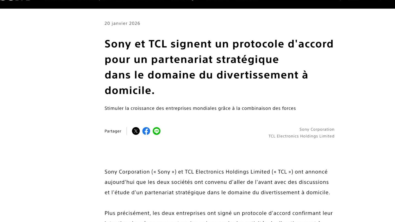 Sony et TCL ont annoncé la création d'une coentreprise le 20 janvier 2026. // Source : Sony Sony et TCL ont annoncé la création d'une coentreprise le 20 janvier 2026. // Source : Sony