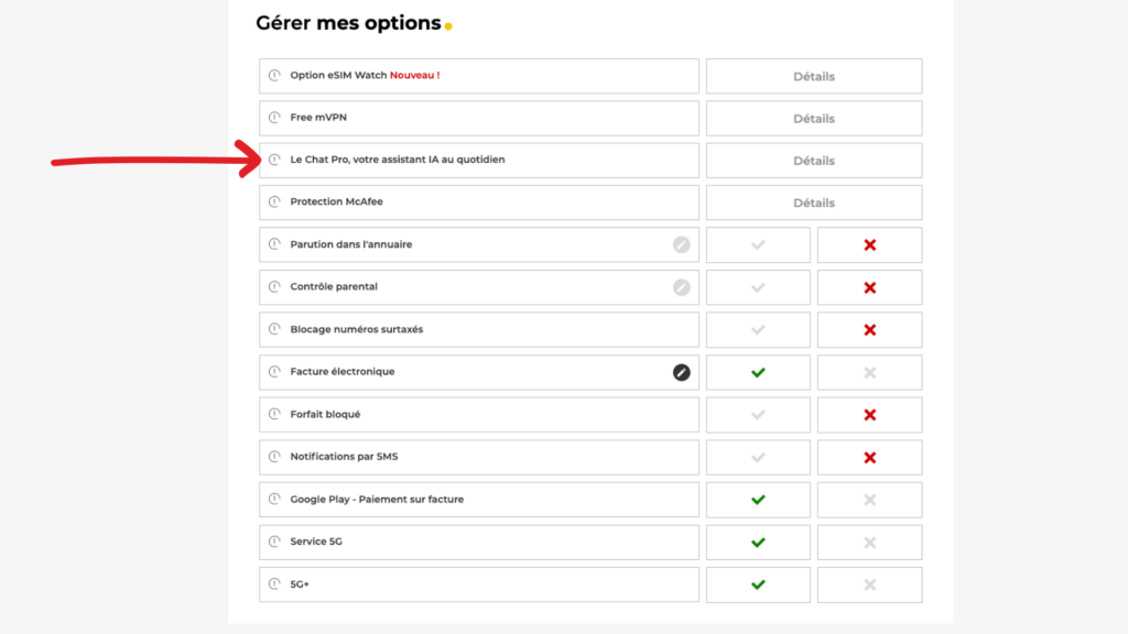 Allez dans la rubrique « Gérer mes options », puis sur le repère « Le Chat Pro » / Mistral AI ». // Source : Capture d'écran Numerama Allez dans la rubrique « Gérer mes options », puis sur le repère « Le Chat Pro » / Mistral AI ». // Source : Capture d'écran Numerama