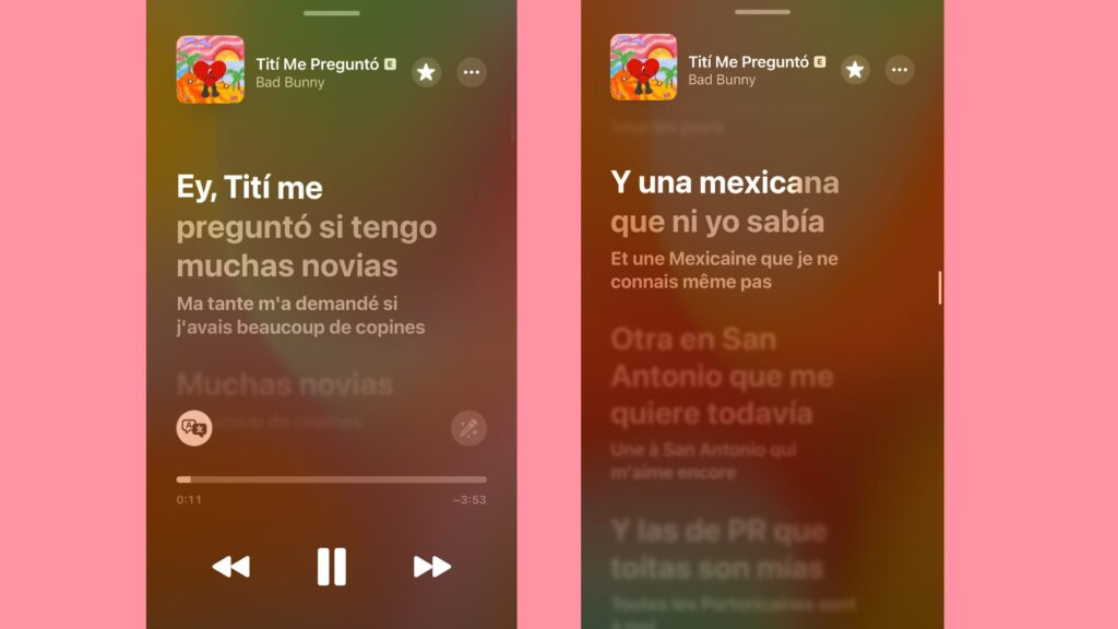 La petite icône en bas à gauche permet d'accéder à la traduction des paroles. // Source : Numerama / Apple Music La petite icône en bas à gauche permet d'accéder à la traduction des paroles. // Source : Numerama / Apple Music