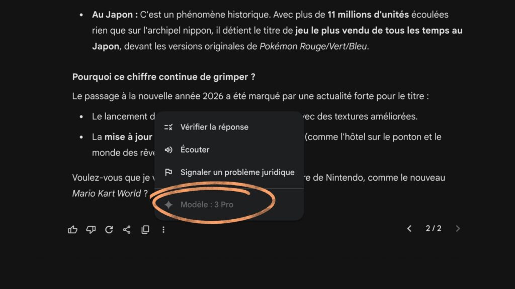 Dans notre cas, Gemini a bien conservé Gemini 3 Pro. // Source : Capture d'écran Numerama Dans notre cas, Gemini a bien conservé Gemini 3 Pro. // Source : Capture d'écran Numerama
