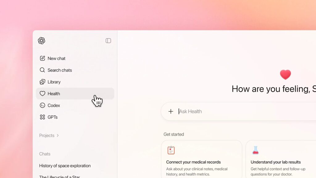 L’outil sera accessible via une rubrique « Santé » distincte au sein de ChatGPT. // Source : OpenAI L’outil sera accessible via une rubrique « Santé » distincte au sein de ChatGPT. // Source : OpenAI