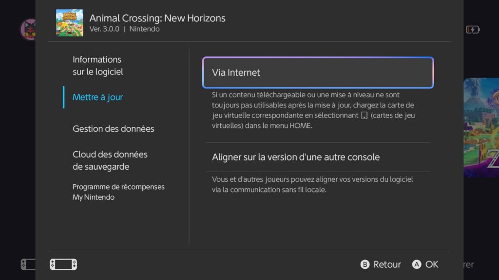 Cliquez sur « Via Internet » pour lancer la mise à jour. // Source : Capture d'écran Numerama Cliquez sur « Via Internet » pour lancer la mise à jour. // Source : Capture d'écran Numerama