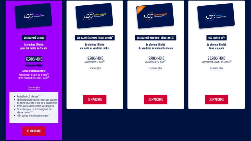 Les différentes cartes UGC disponibles // Source : UGC Les différentes cartes UGC disponibles // Source : UGC