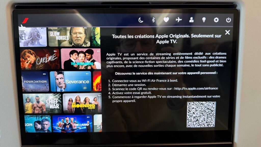 En scannant un QR code, les passagers Air France peuvent bénéficier de 7 jours gratuits à Apple TV. En scannant un QR code, les passagers Air France peuvent bénéficier de 7 jours gratuits à Apple TV.