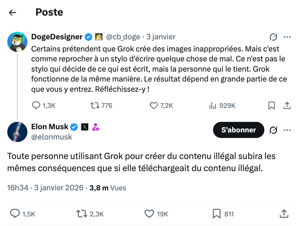 Elon Musk a brièvement réagi sur X, le 3 janvier 2026. // Source : Capture d'écran Elon Musk a brièvement réagi sur X, le 3 janvier 2026. // Source : Capture d'écran