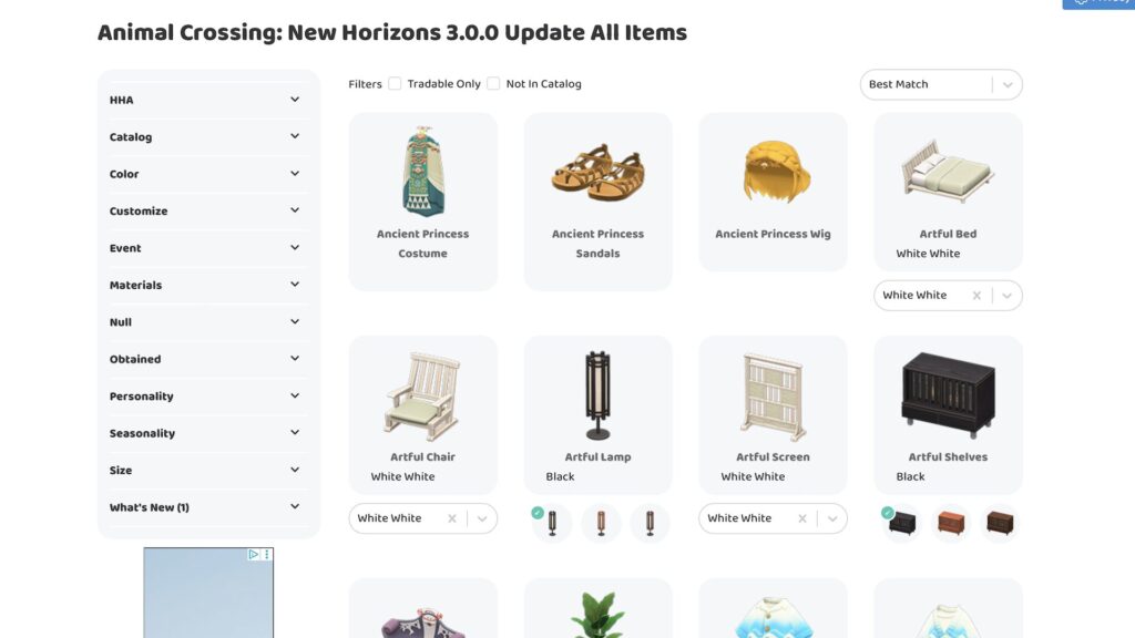 La liste des nouveaux objets dans Animal Crossing: New Horizons // Source : Nookazon