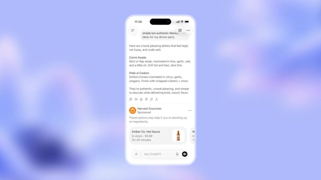 Un exemple de publicité intégrée dans ChatGPT. // Source : OpenAI Un exemple de publicité intégrée dans ChatGPT. // Source : OpenAI
