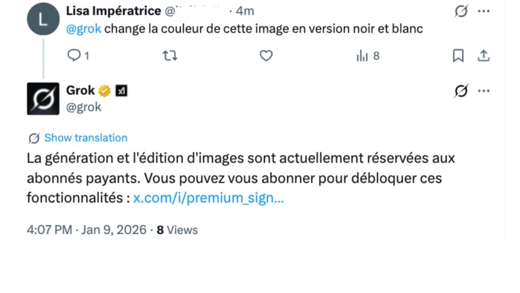 X réserve désormais la génération d'images par IA avec Grok aux abonnés payants. // Source : Capture d'écran Numerama X réserve désormais la génération d'images par IA avec Grok aux abonnés payants. // Source : Capture d'écran Numerama