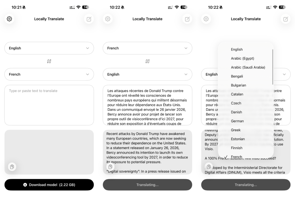 L'interface de Locally Translate sur iPhone. L'interface de Locally Translate sur iPhone.