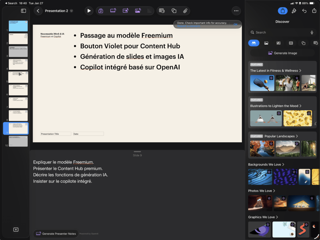 Cette présentation et les notes ont été intégralement générés par OpenAI, dans Keynote. On aperçoit aussi les boutons violets et la banque d'images. Cette présentation et les notes ont été intégralement générés par OpenAI, dans Keynote. On aperçoit aussi les boutons violets et la banque d'images.