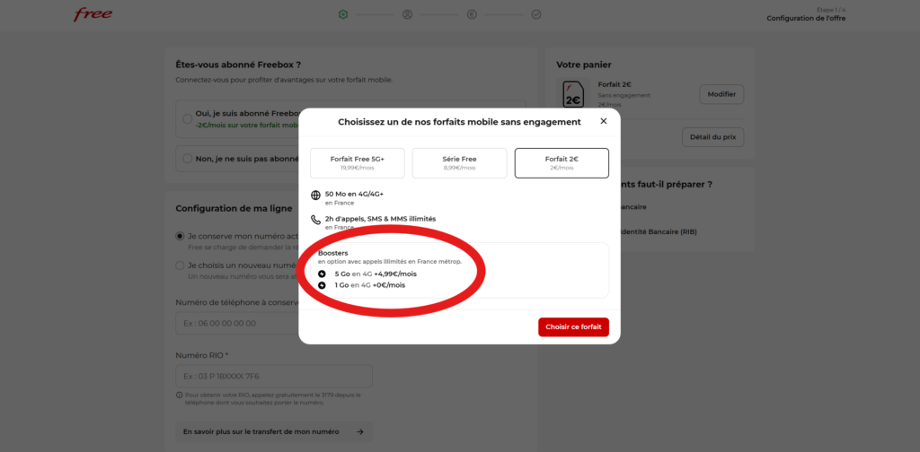 Le Booster 1 Go est affiché à 0 par mois au moment de la souscription