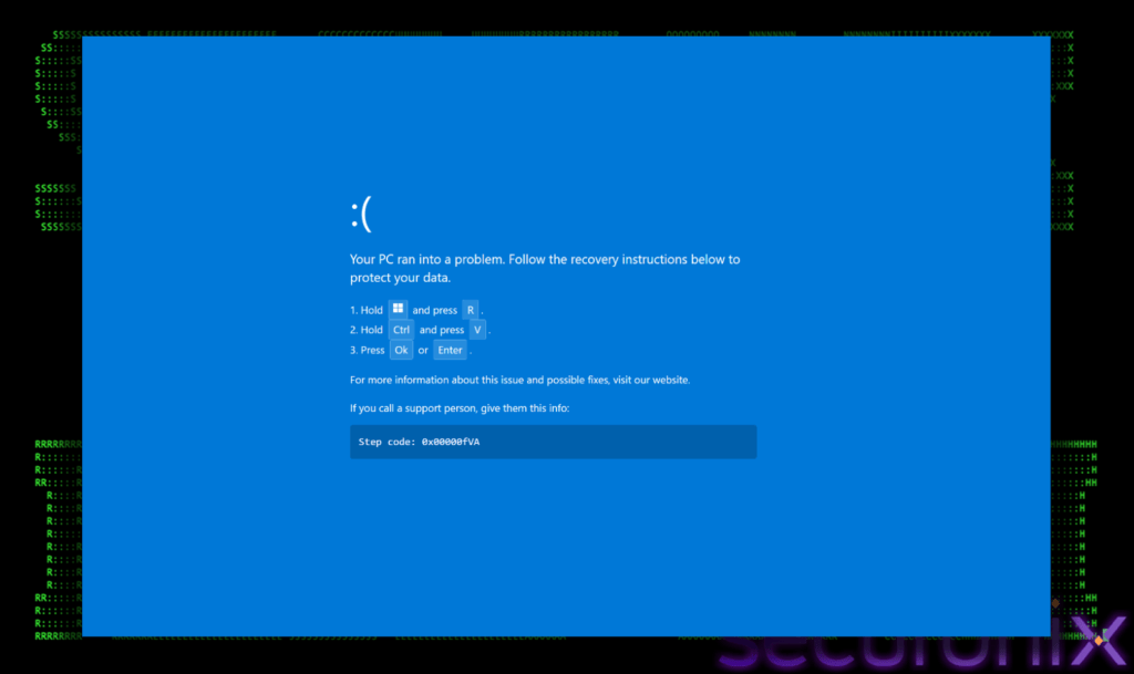 Faux écran bleu de la mort, issu de la campagne cybercriminelle PHALT#BLYX // Source : Securonix Faux écran bleu de la mort, issu de la campagne cybercriminelle PHALT#BLYX // Source : Securonix