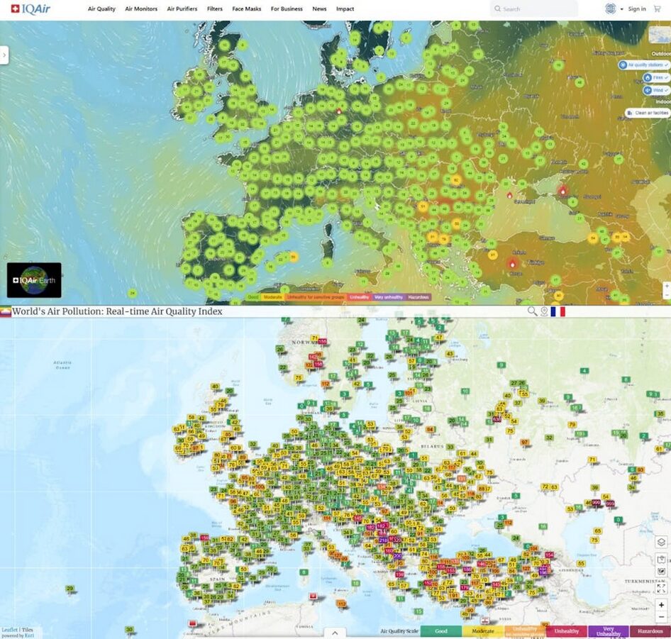 D’un service à l’autre, les cartes de la qualité de l’air peuvent varier considérablement, comme le montre cette comparaison du 17/11/2025 à 05h00 entre les cartes disponibles via IQAir (en haut) et Waqi (en bas). // Source : IQ Air/Waqi.info