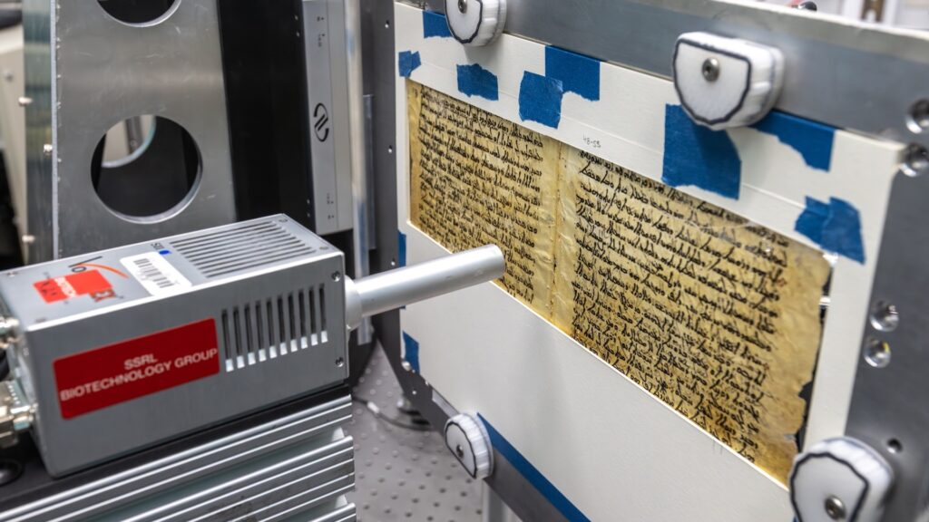 A portion of the Codex Climaci rescriptus palimpsest, from the Museum of the Bible in Washington, DC. The pages were brought to SLAC National Accelerator Laboratory to have x-ray fluorescence imaging done at SSRL beamline 7-2 to recover the erased astronomical text, especially fragments from Hipparchus's star catalogue. (Jacqueline Ramseyer Orrell/SLAC National Accelerator Laboratory)