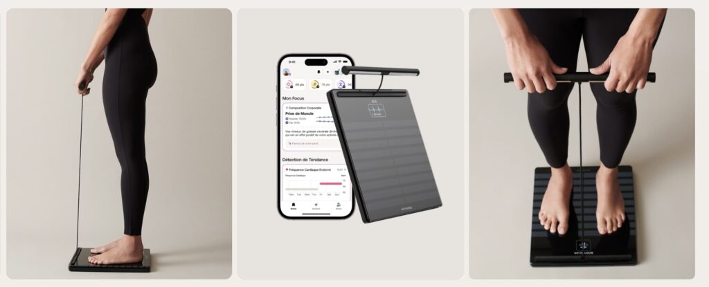 Comme l'ancien modèle, la Withings Body Scan 2 mélange une balance et une barre. Comme l'ancien modèle, la Withings Body Scan 2 mélange une balance et une barre.