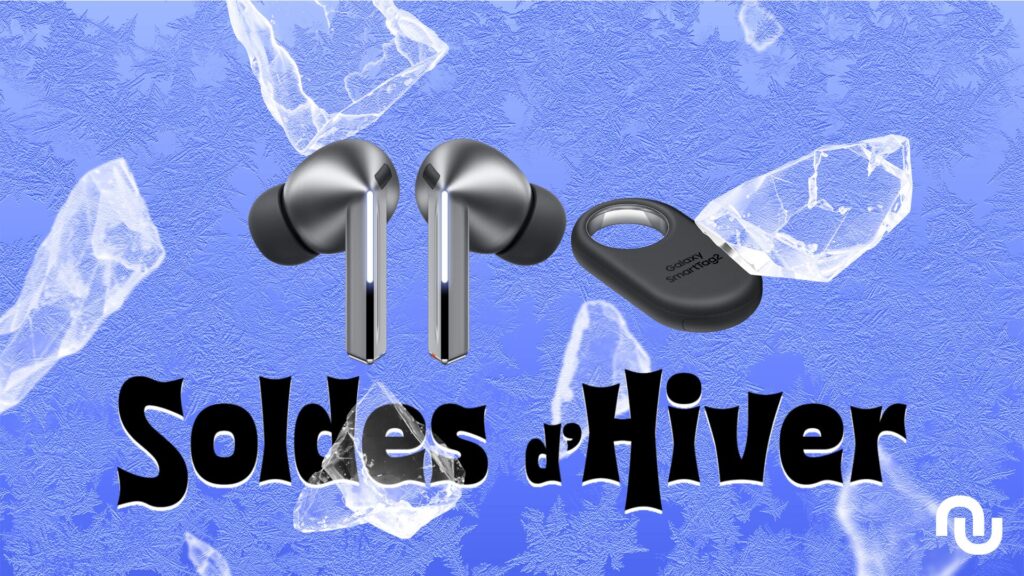 Galaxy Buds3 Pro + smarttags // Source : Montage Numerama Galaxy Buds3 Pro + smarttags // Source : Montage Numerama