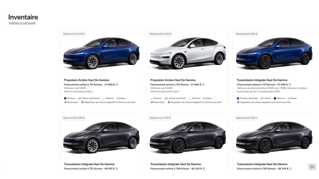 Les modèles en stock de Tesla n'ont plus l'Autopilot. // Source : Tesla (capture d'écran)