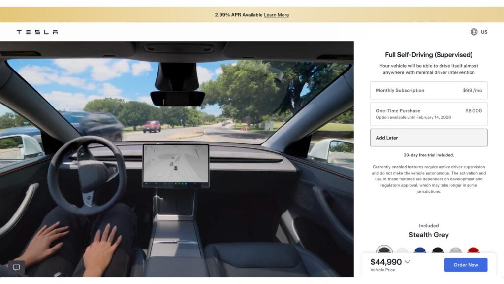 Le FSD de Tesla est désormais vendu en abonnement à 99 dollars par mois. // Source : Tesla (capture d'écran)